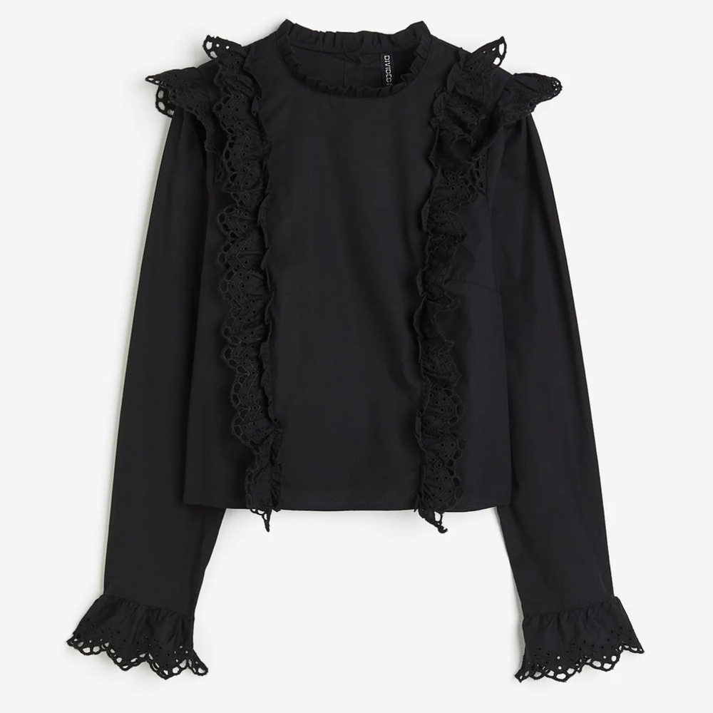 H&M Elegant Black Lace Ruffle blouse eyelet embroidery Women's Top sz large